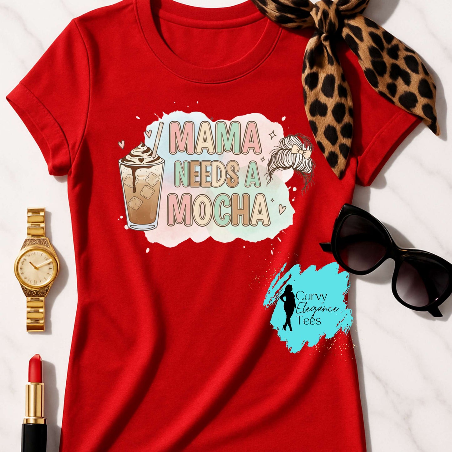 Mama Needs a Mocha T-Shirt | Funny Mom Coffee Tee | Red, Black, Gray & Beige Shirt | Curvy Elegance Tees