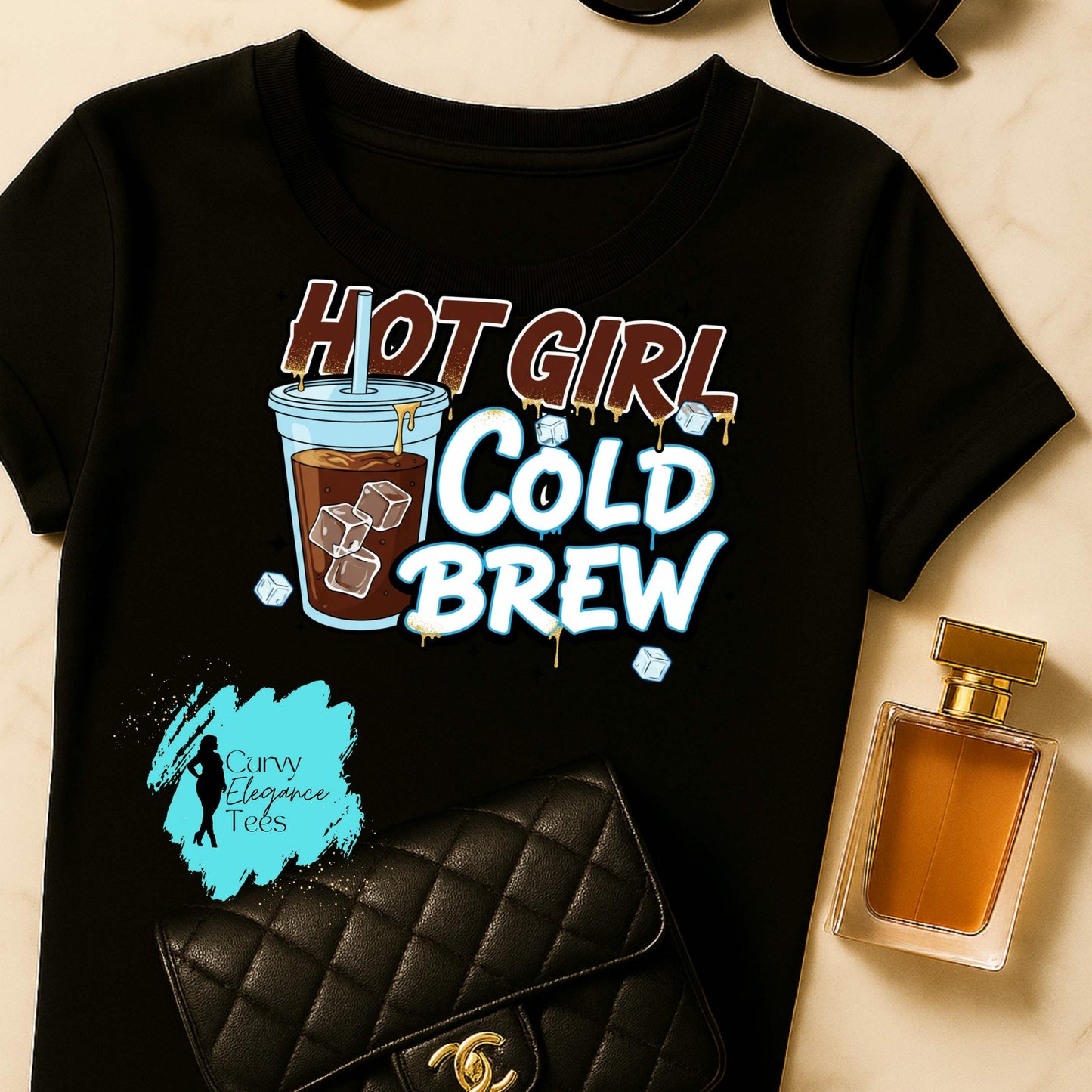 Hot Girl Cold Brew T-Shirt | Funny Coffee Tee for Women | Red, White, Gray & Edge Shirt | Curvy Elegance Tees