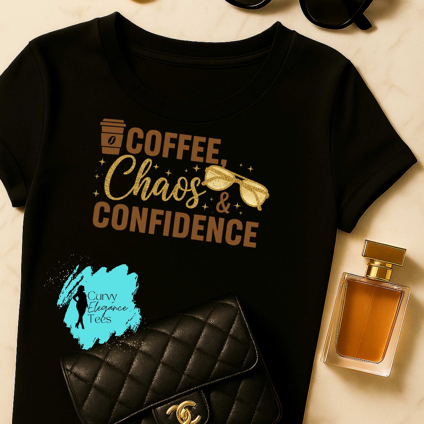 Coffee, Chaos & Confidence T-Shirt | Neutral Aesthetic Tee for Women | Black or White Shirt | Curvy Elegance Tees