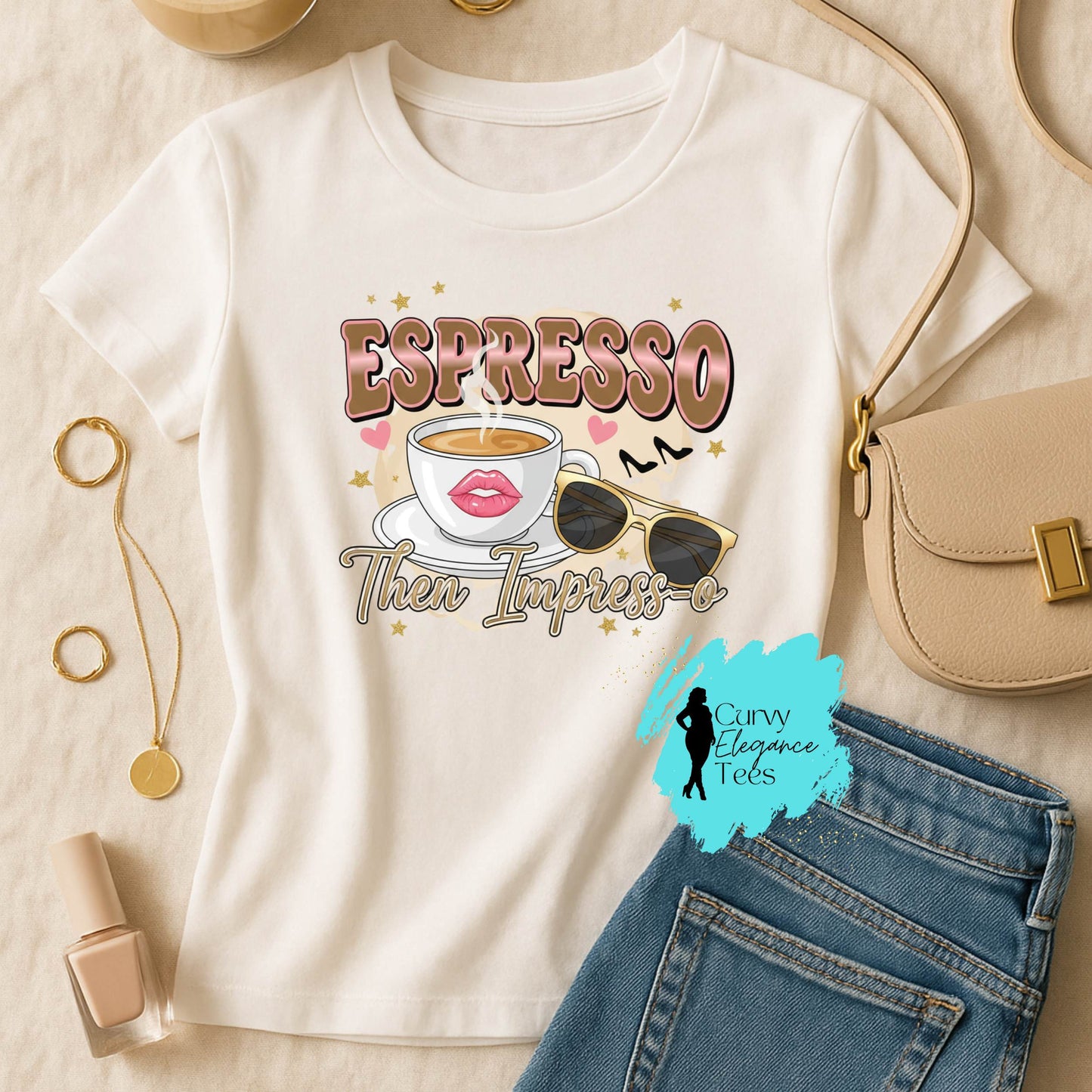 Espresso Then Impress-o T-Shirt | Cute Coffee Tee for Women | Beige, White & Gray Shirt | Curvy Elegance Tees