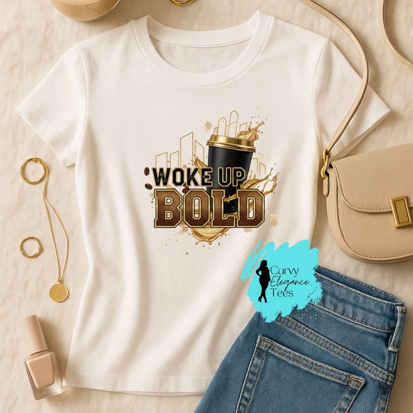 Woke Up Bold Coffee T-Shirt | Motivational Coffee Lover Tee for Women | White, Beige, Yellow & Red | Curvy Elegance Tees