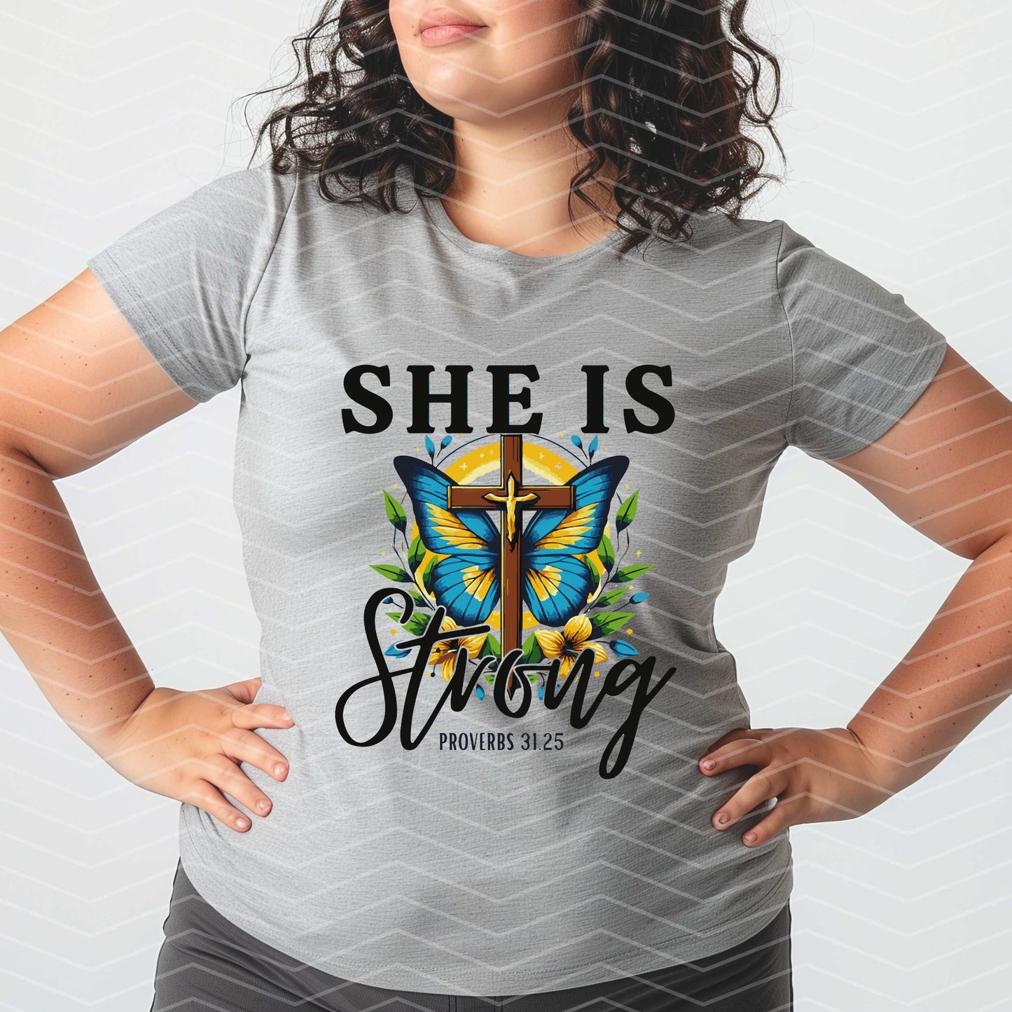 π She Is Strong Shirt | Proverbs 31:25 Christian T-Shirt | Faith & Butterfly Cross Tee (Sβ5XL)