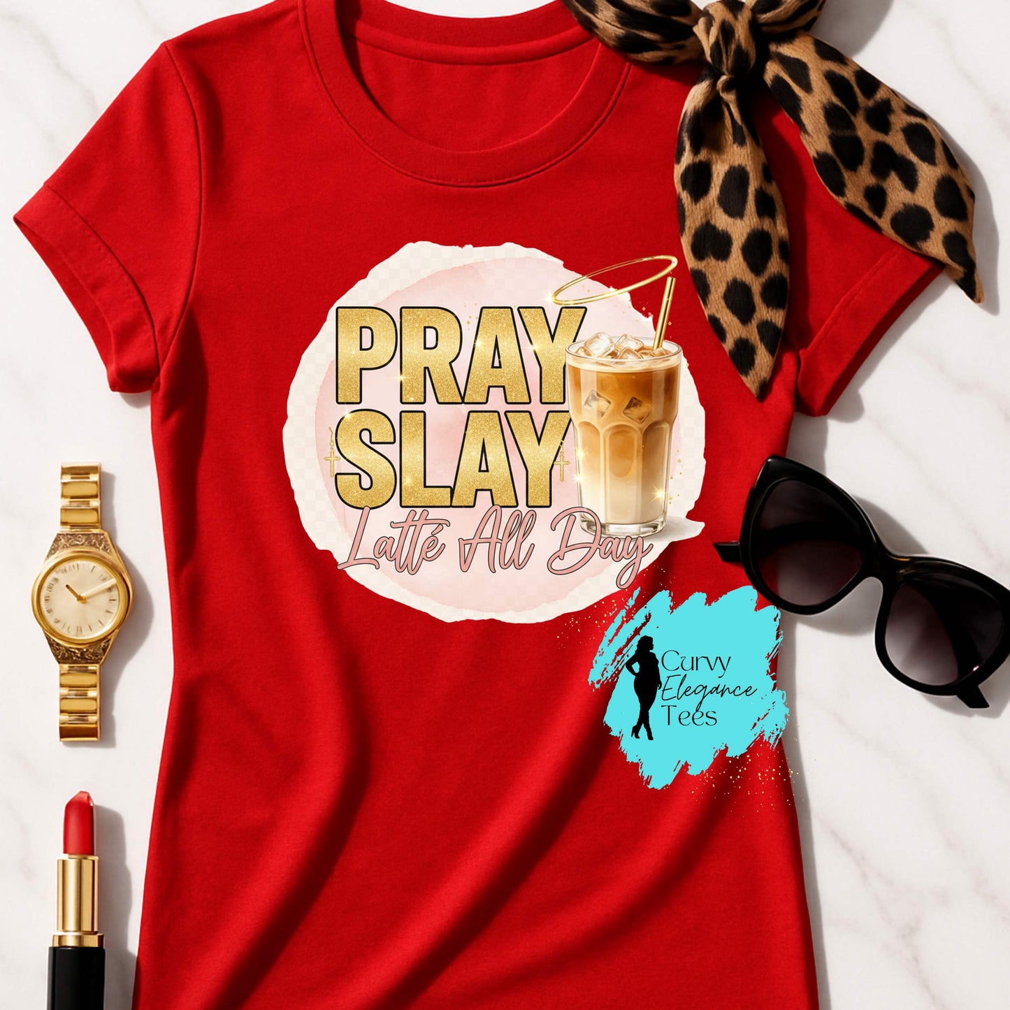 Pray, Slay, Latte All Day T-Shirt Cold| Faith & Coffee Shirt for Women | Red, Gray, Beige & Black | Curvy Elegance Tees (Copy)
