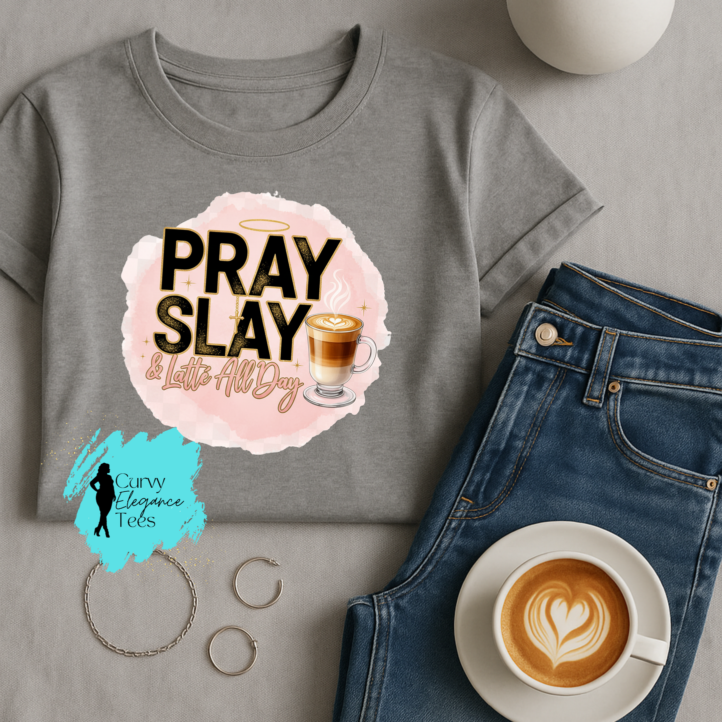 Pray, Slay, Latte All Day T-Shirt Hot| Faith & Coffee Shirt for Women | Red, Gray, Beige & Black | Curvy Elegance Tees