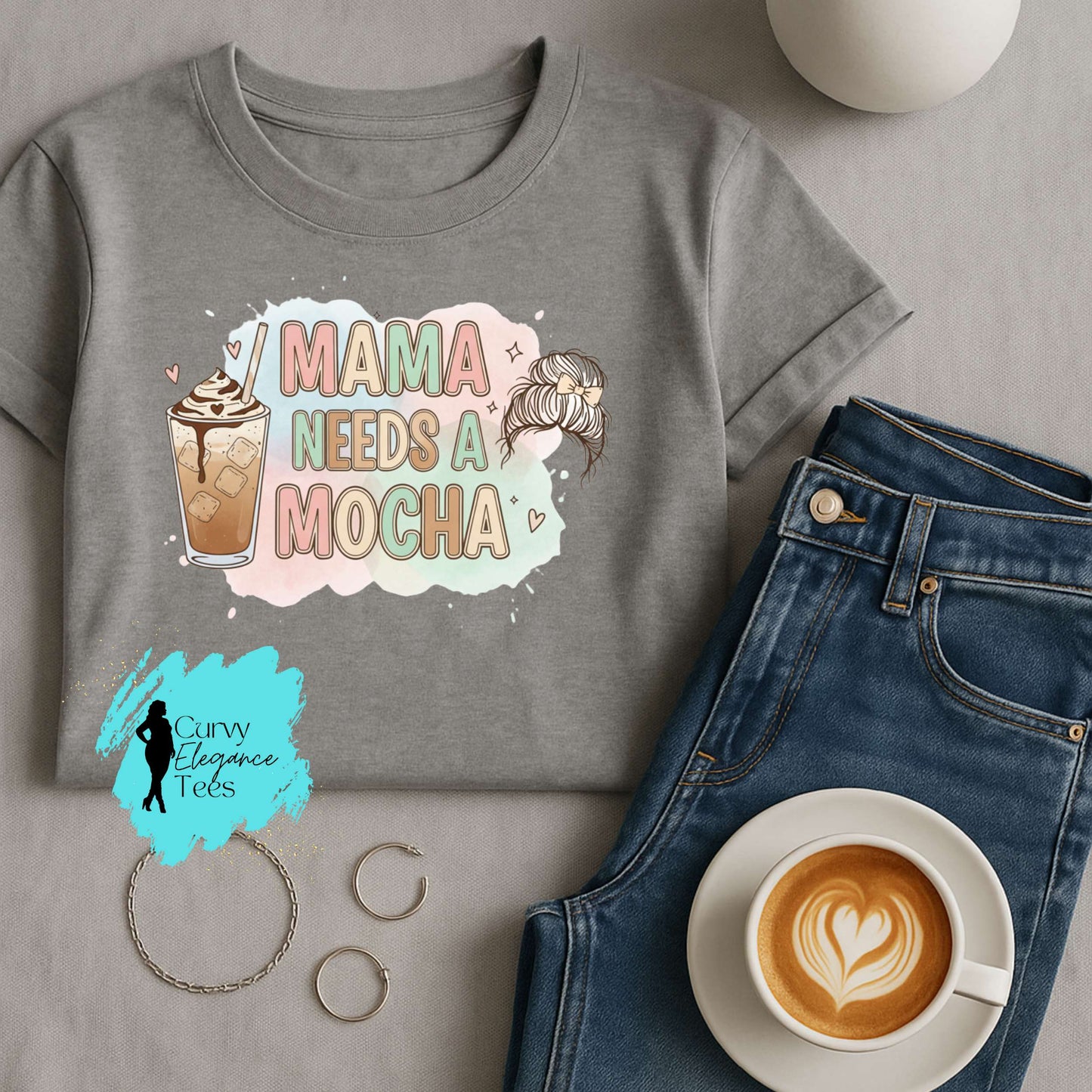 Mama Needs a Mocha T-Shirt | Funny Mom Coffee Tee | Red, Black, Gray & Beige Shirt | Curvy Elegance Tees