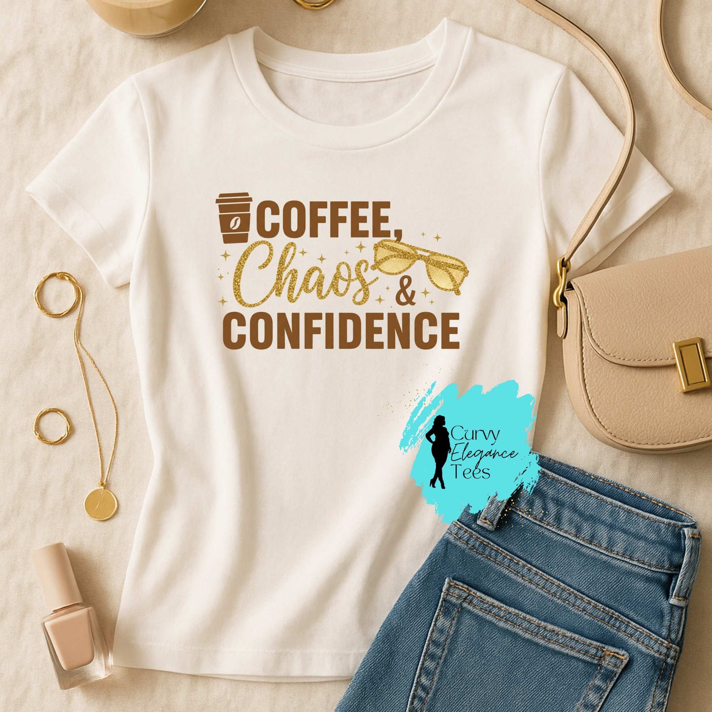 Coffee, Chaos & Confidence T-Shirt | Neutral Aesthetic Tee for Women | Black or White Shirt | Curvy Elegance Tees