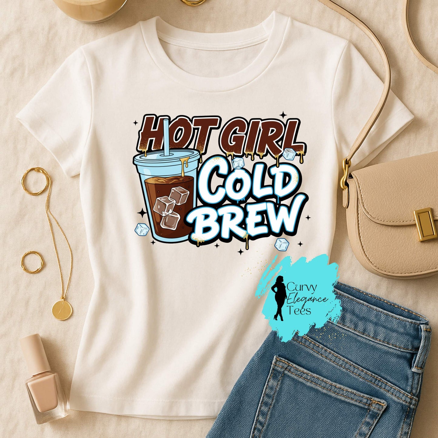 Hot Girl Cold Brew T-Shirt | Funny Coffee Tee for Women | Red, White, Gray & Edge Shirt | Curvy Elegance Tees