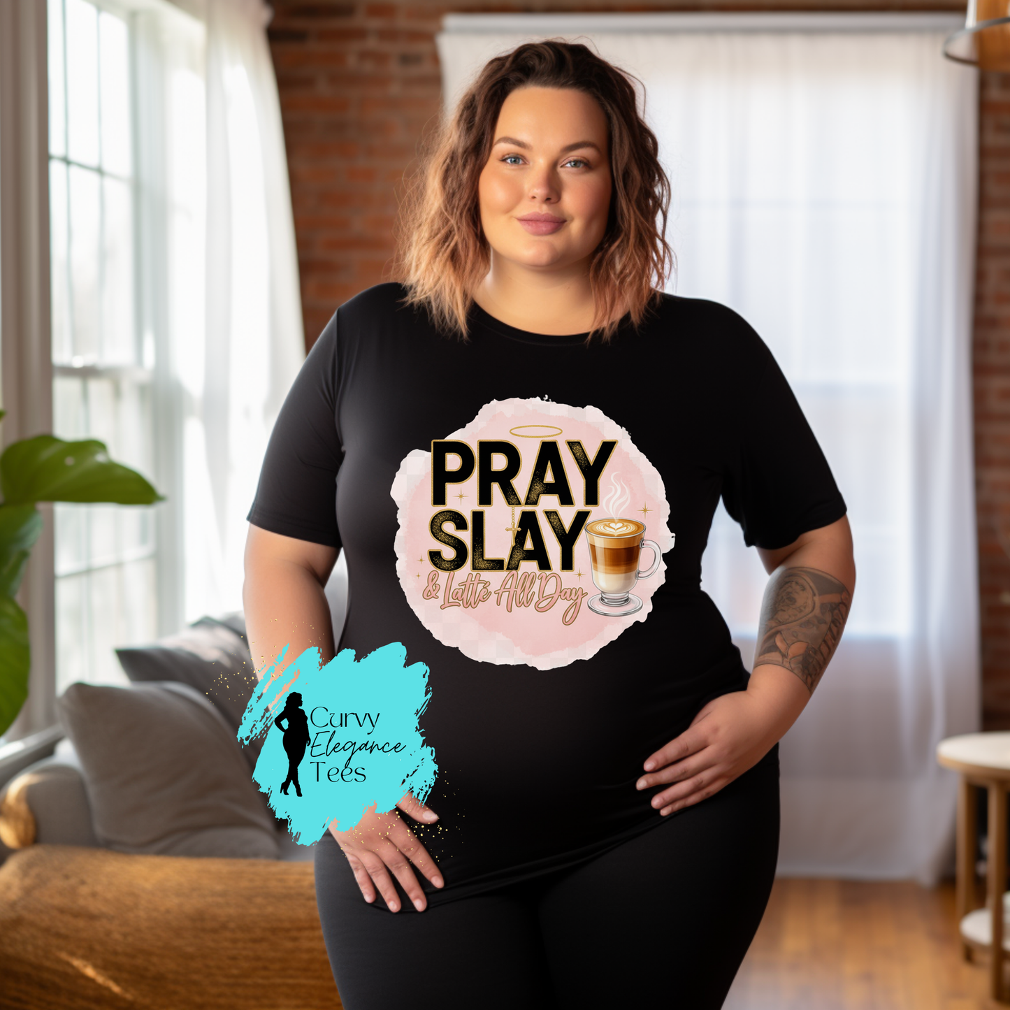Pray, Slay, Latte All Day T-Shirt Hot| Faith & Coffee Shirt for Women | Red, Gray, Beige & Black | Curvy Elegance Tees