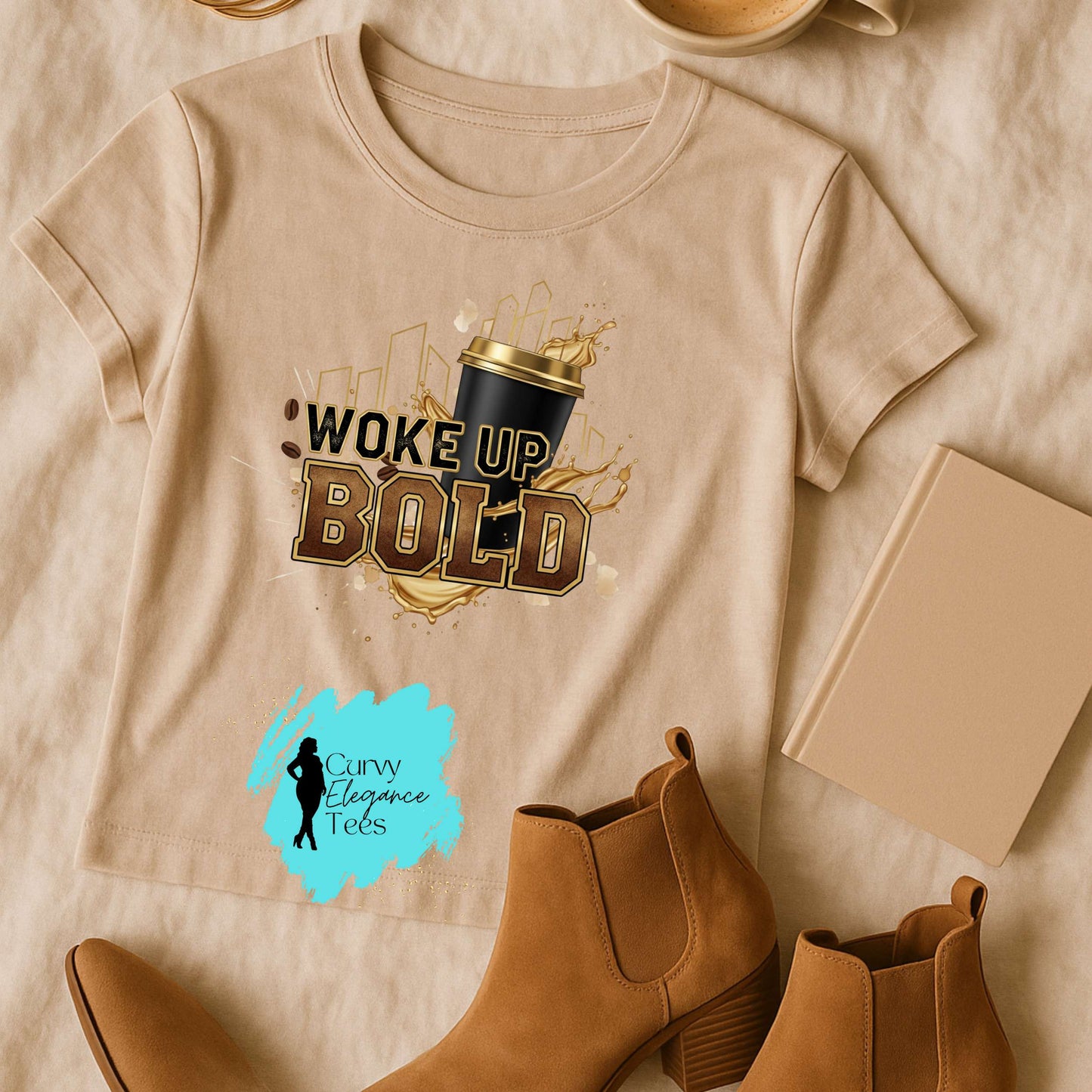 Woke Up Bold Coffee T-Shirt | Motivational Coffee Lover Tee for Women | White, Beige, Yellow & Red | Curvy Elegance Tees