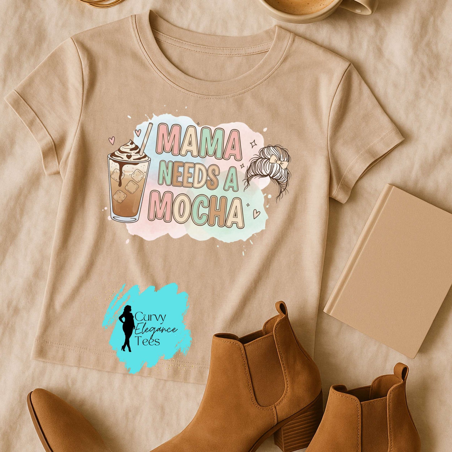 Mama Needs a Mocha T-Shirt | Funny Mom Coffee Tee | Red, Black, Gray & Beige Shirt | Curvy Elegance Tees