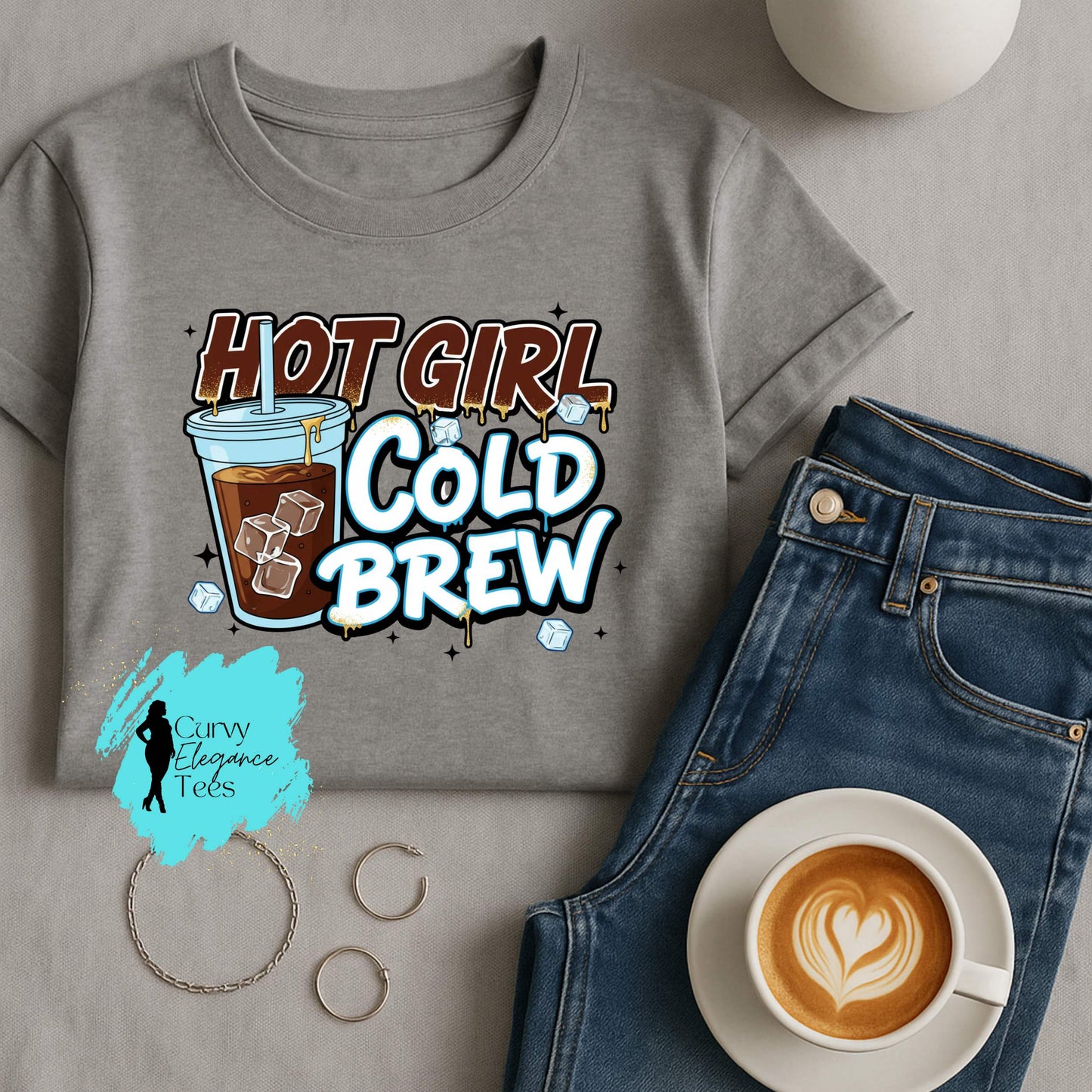 Hot Girl Cold Brew T-Shirt | Funny Coffee Tee for Women | Red, White, Gray & Edge Shirt | Curvy Elegance Tees