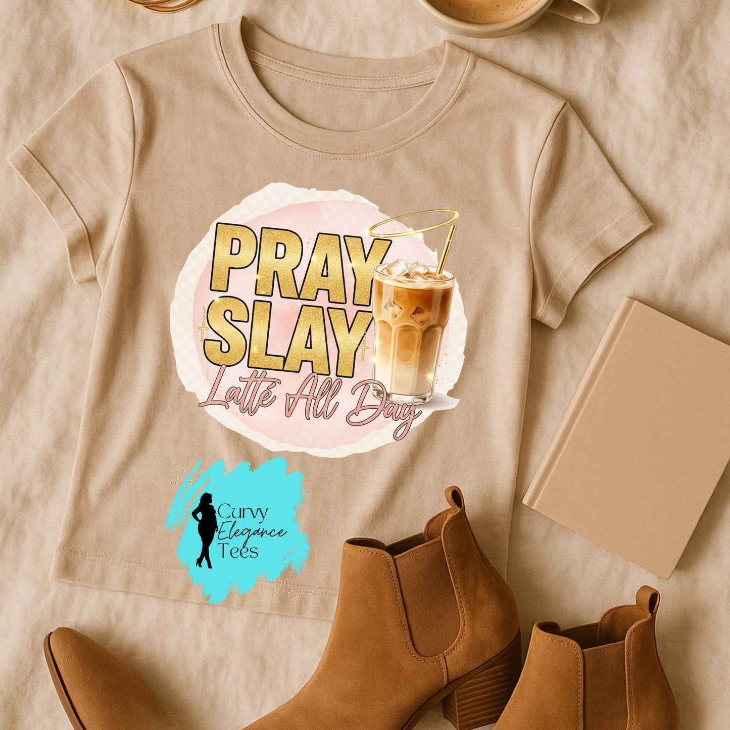 Pray, Slay, Latte All Day T-Shirt Cold| Faith & Coffee Shirt for Women | Red, Gray, Beige & Black | Curvy Elegance Tees (Copy)