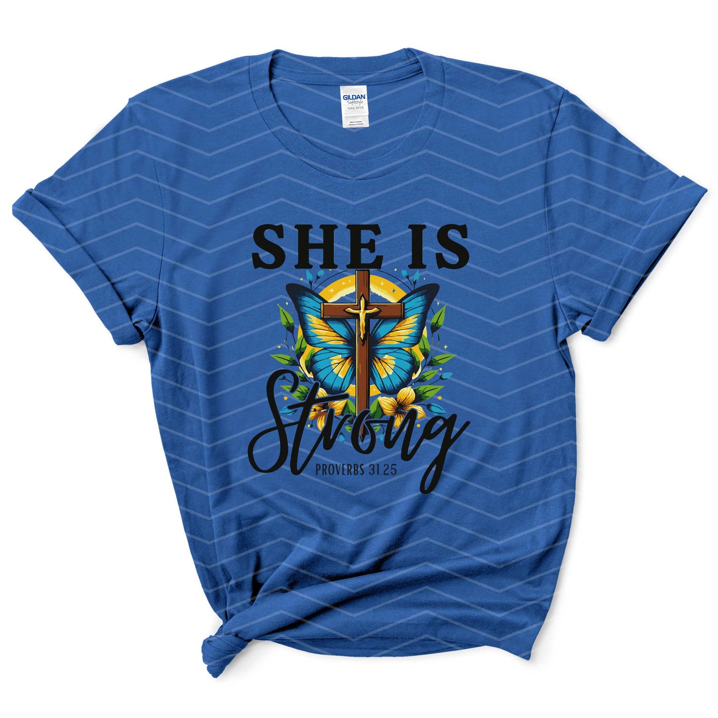 π She Is Strong Shirt | Proverbs 31:25 Christian T-Shirt | Faith & Butterfly Cross Tee (Sβ5XL)