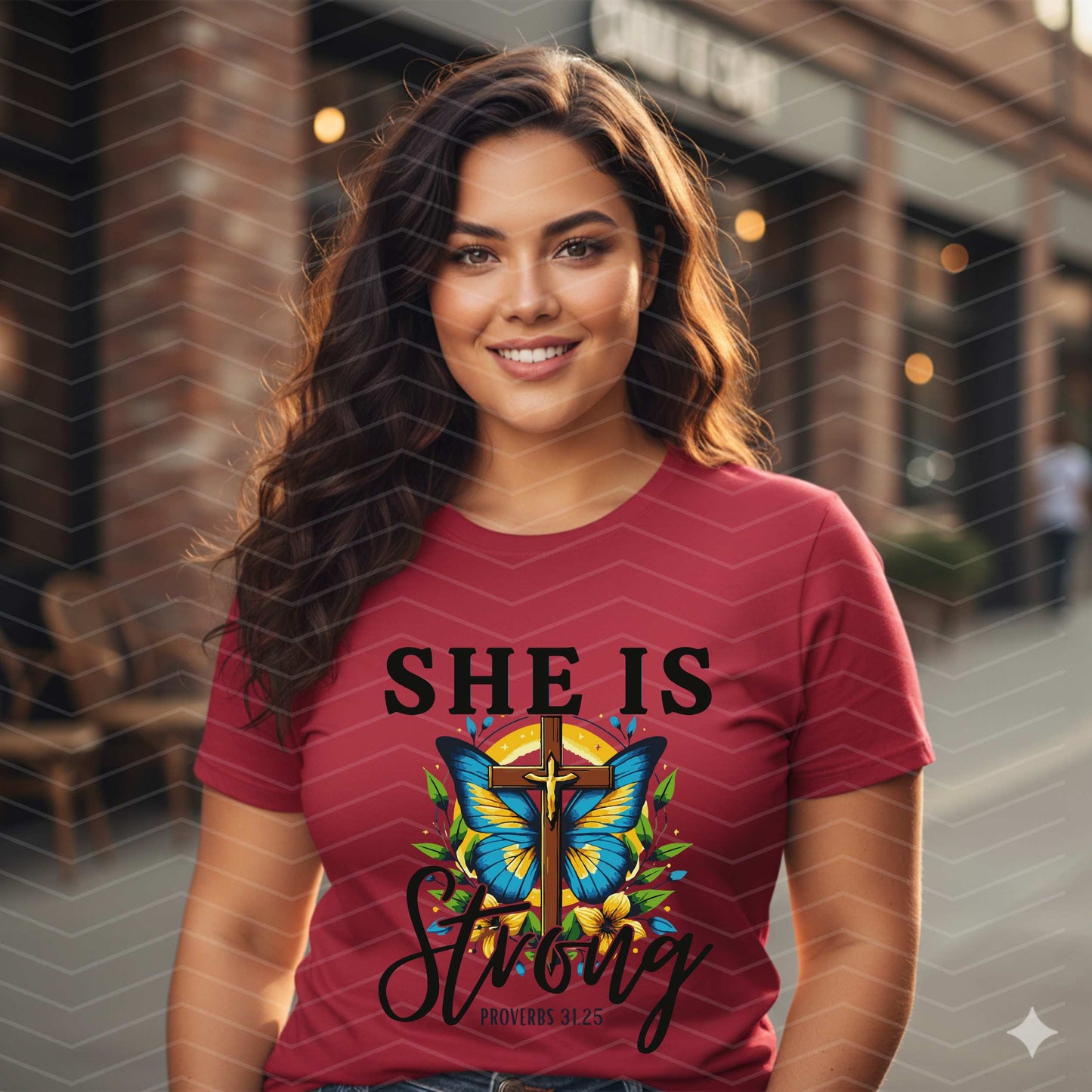 π She Is Strong Shirt | Proverbs 31:25 Christian T-Shirt | Faith & Butterfly Cross Tee (Sβ5XL)