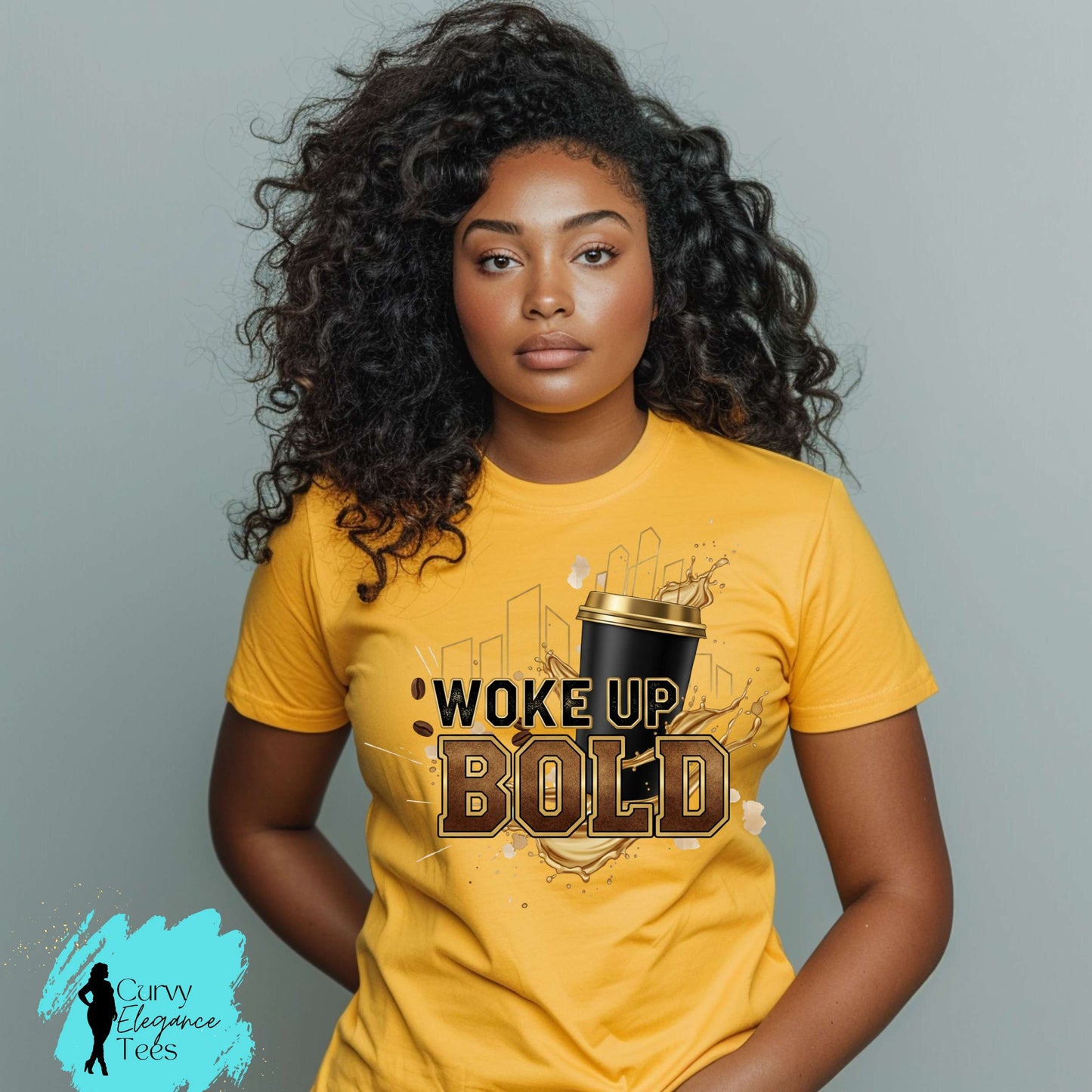 Woke Up Bold Coffee T-Shirt | Motivational Coffee Lover Tee for Women | White, Beige, Yellow & Red | Curvy Elegance Tees