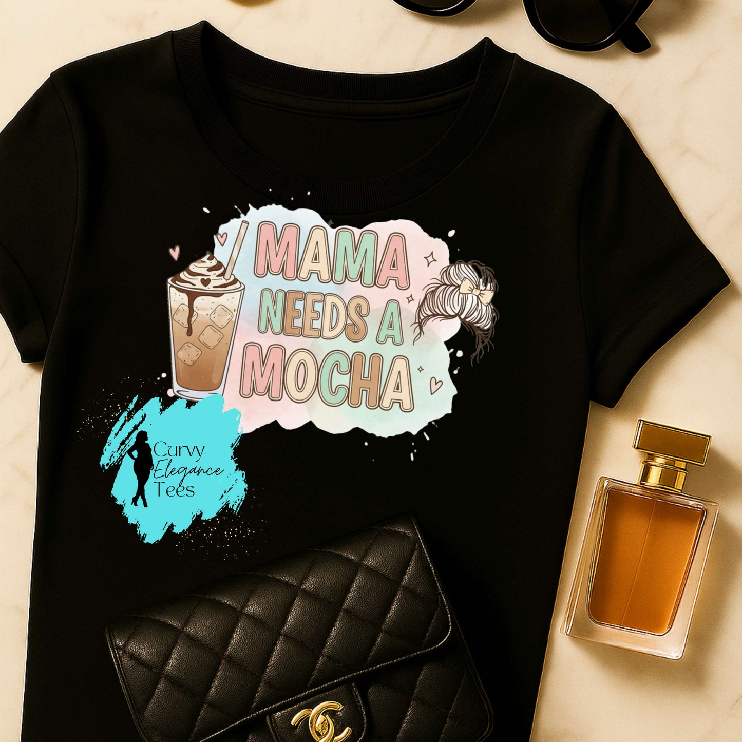 Mama Needs a Mocha T-Shirt | Funny Mom Coffee Tee | Red, Black, Gray & Beige Shirt | Curvy Elegance Tees