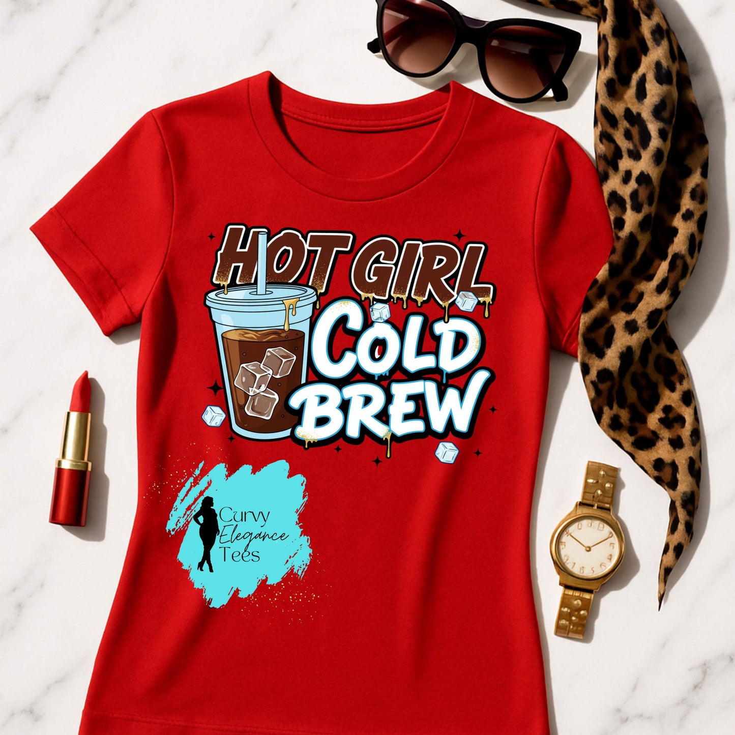 Hot Girl Cold Brew T-Shirt | Funny Coffee Tee for Women | Red, White, Gray & Edge Shirt | Curvy Elegance Tees