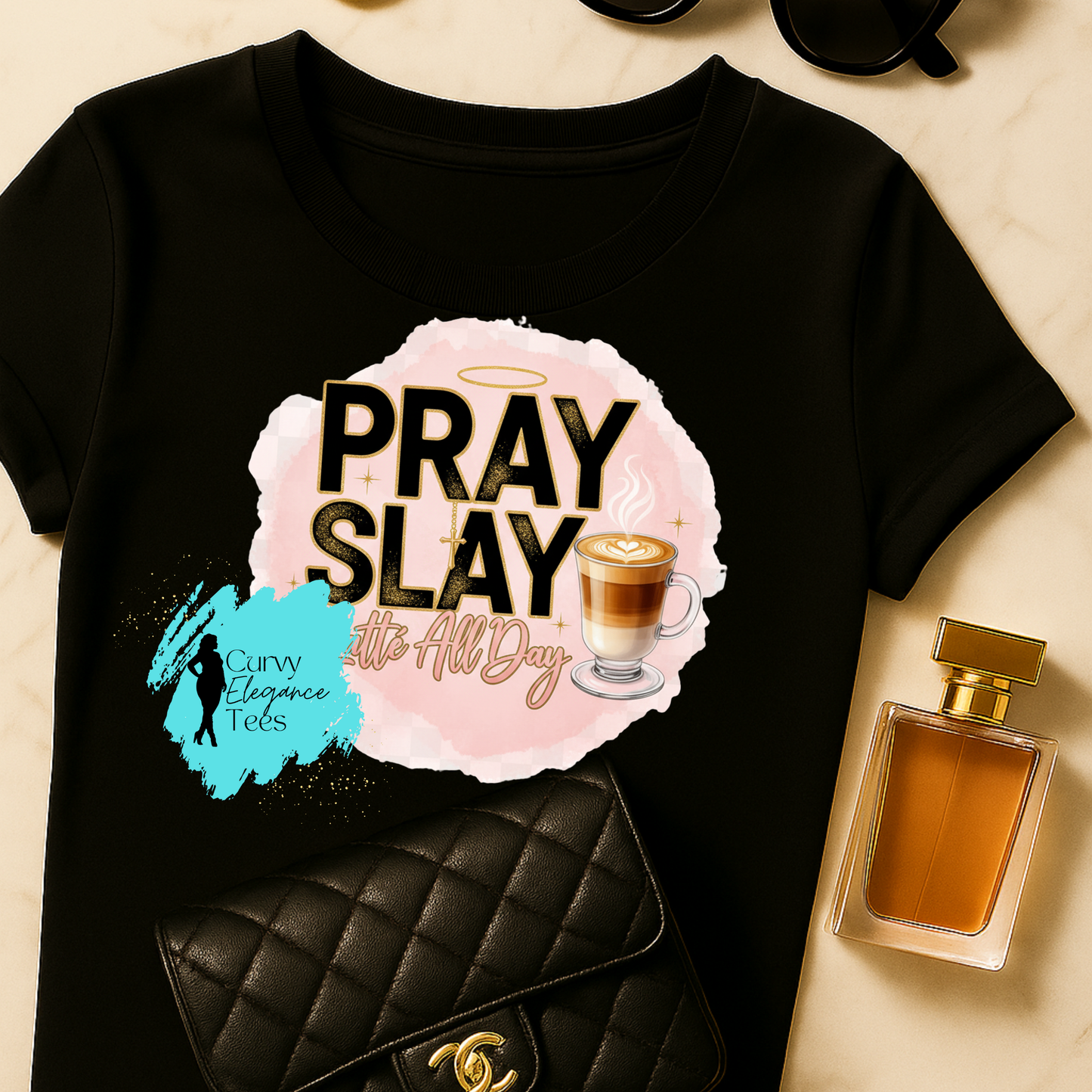 Pray, Slay, Latte All Day T-Shirt Hot| Faith & Coffee Shirt for Women | Red, Gray, Beige & Black | Curvy Elegance Tees