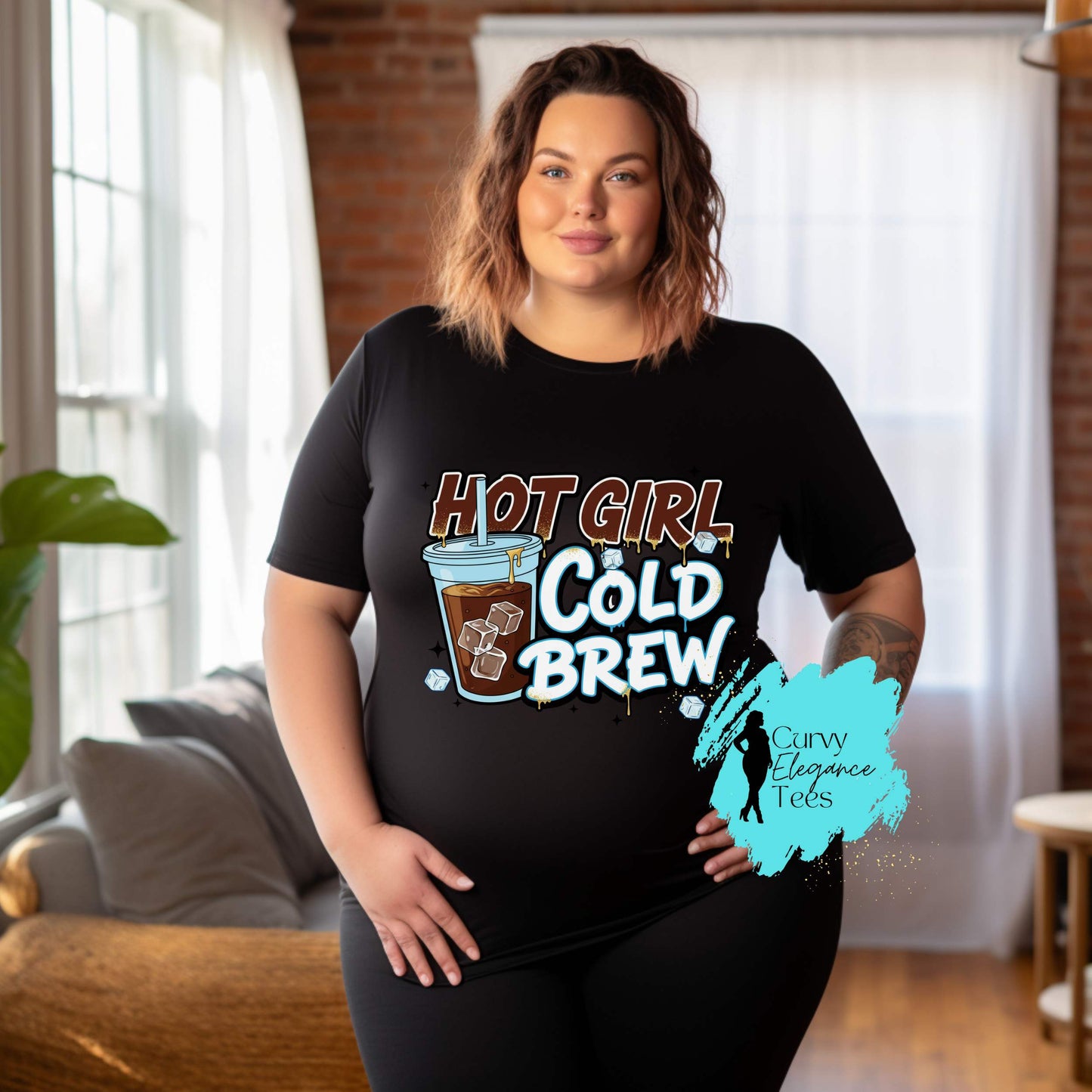 Hot Girl Cold Brew T-Shirt | Funny Coffee Tee for Women | Red, White, Gray & Edge Shirt | Curvy Elegance Tees