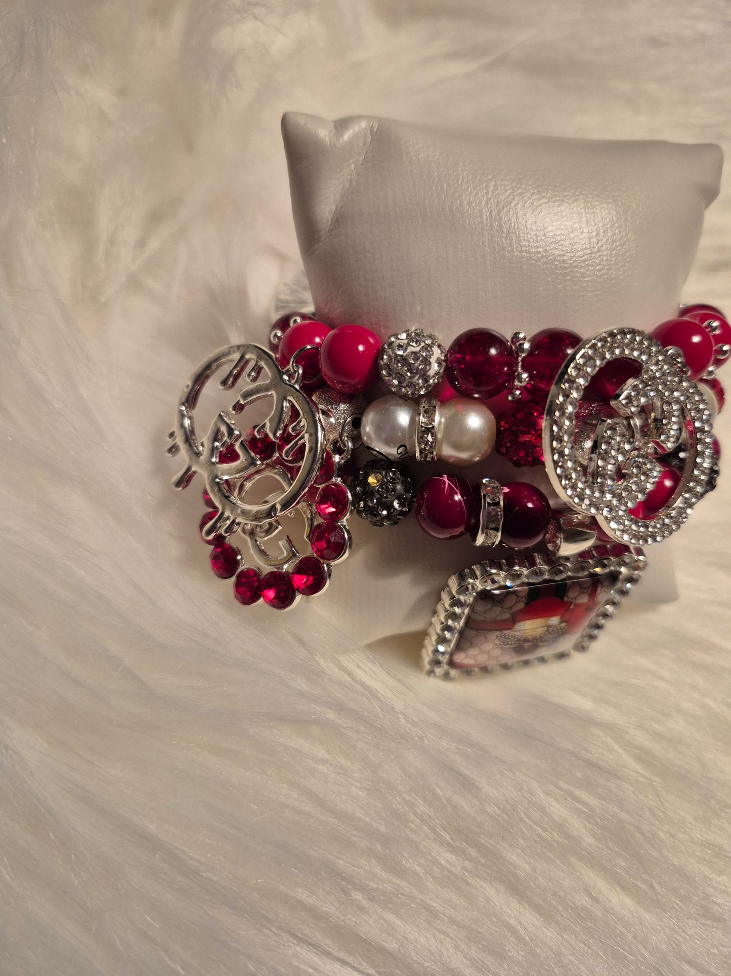 Alabama Crimson Luxe Charm Bracelet Stack – Red, Silver & Pearl Bling
