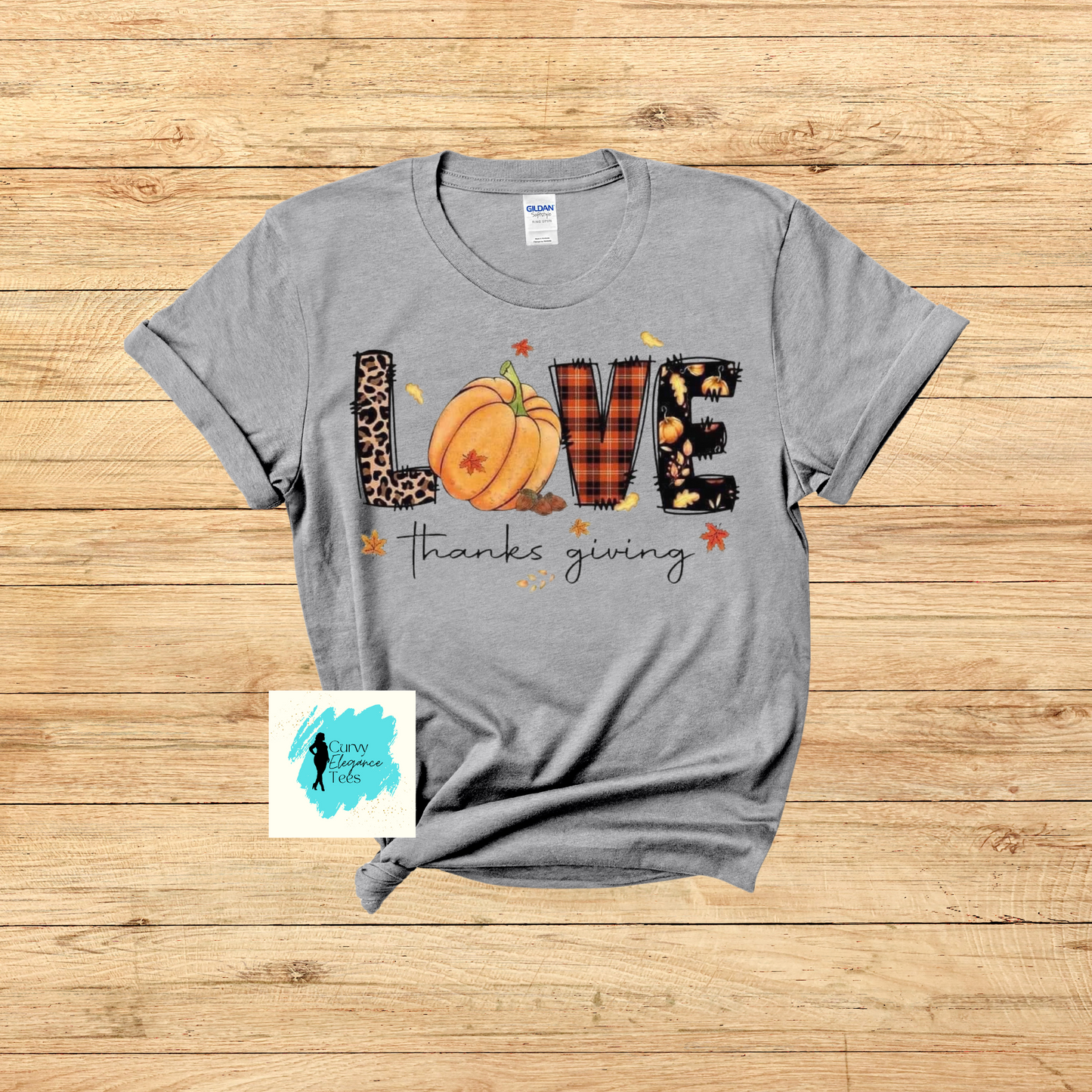 Love Thanksgiving T-Shirt | Fall Pumpkin & Leopard Print Tee for Women | Autumn Graphic Shirt | Curvy Elegance Tees