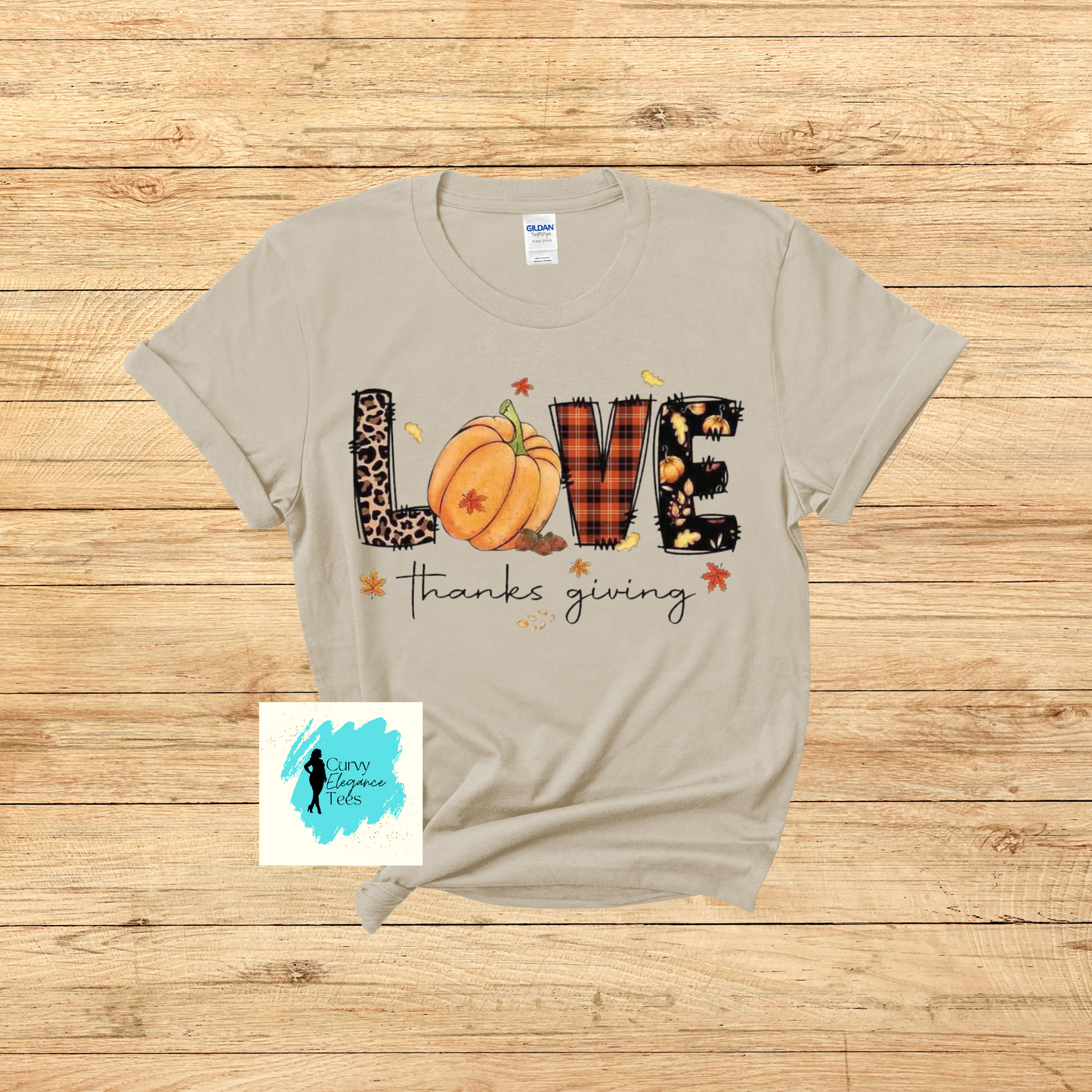 Love Thanksgiving T-Shirt | Fall Pumpkin & Leopard Print Tee for Women | Autumn Graphic Shirt | Curvy Elegance Tees
