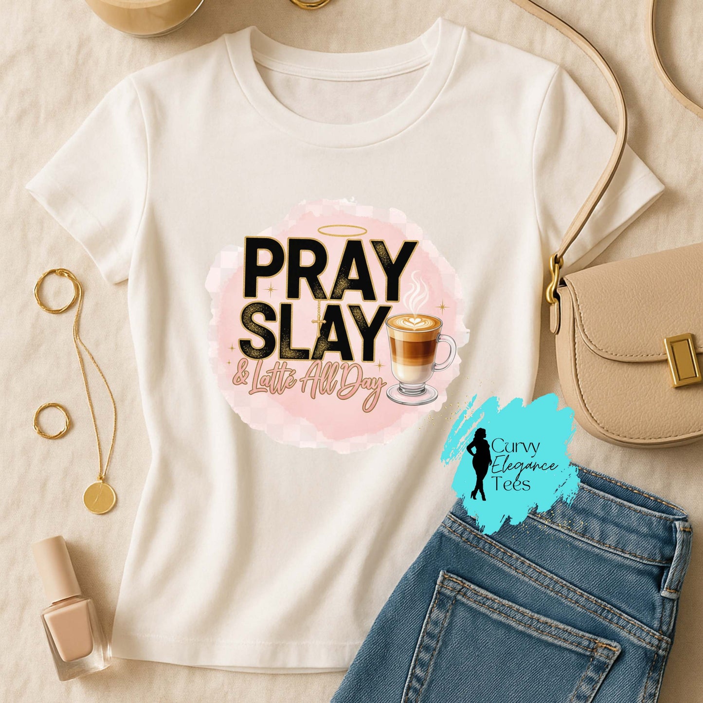 Pray, Slay, Latte All Day T-Shirt Hot| Faith & Coffee Shirt for Women | Red, Gray, Beige & Black | Curvy Elegance Tees