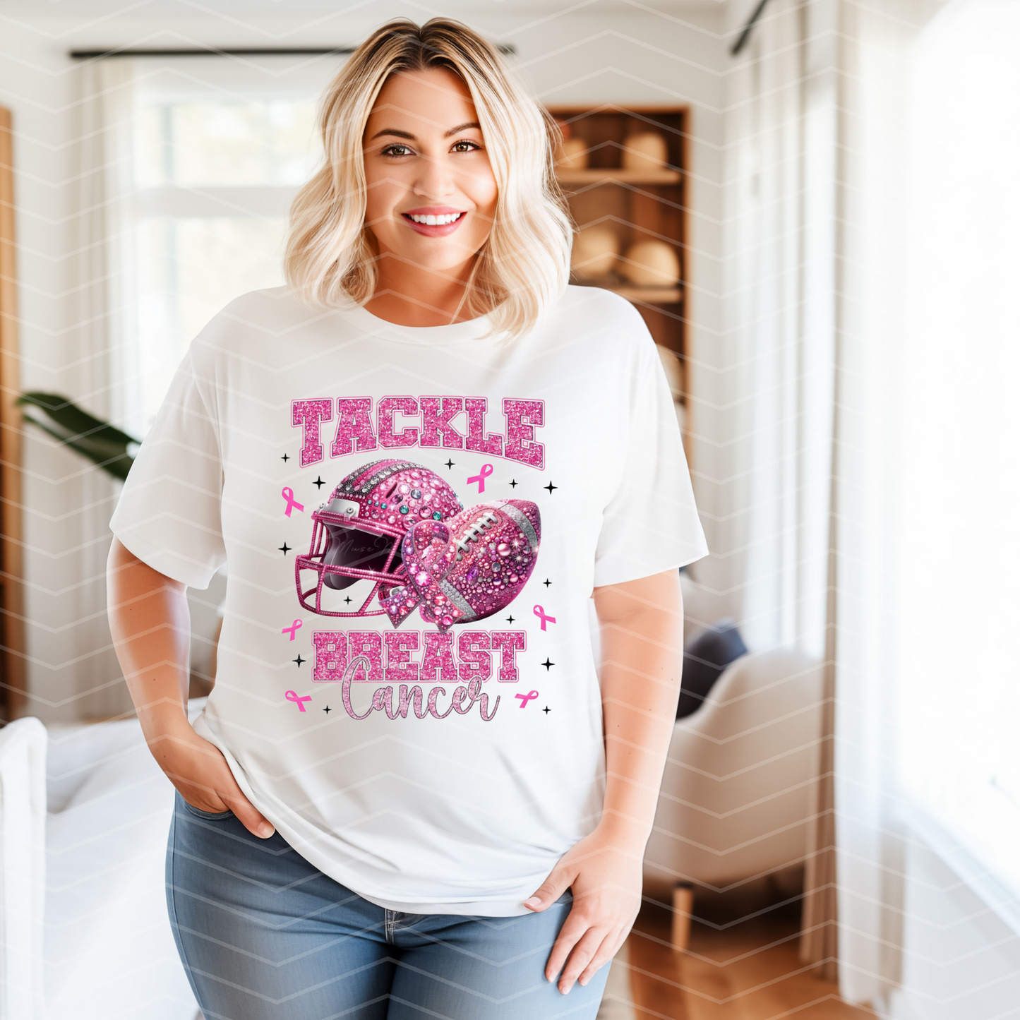 Tackle Breast Cancer Shirt | Pink Football Helmet Awareness Tee | October Breast Cancer Graphic T-Shirt (Sโ5XL)