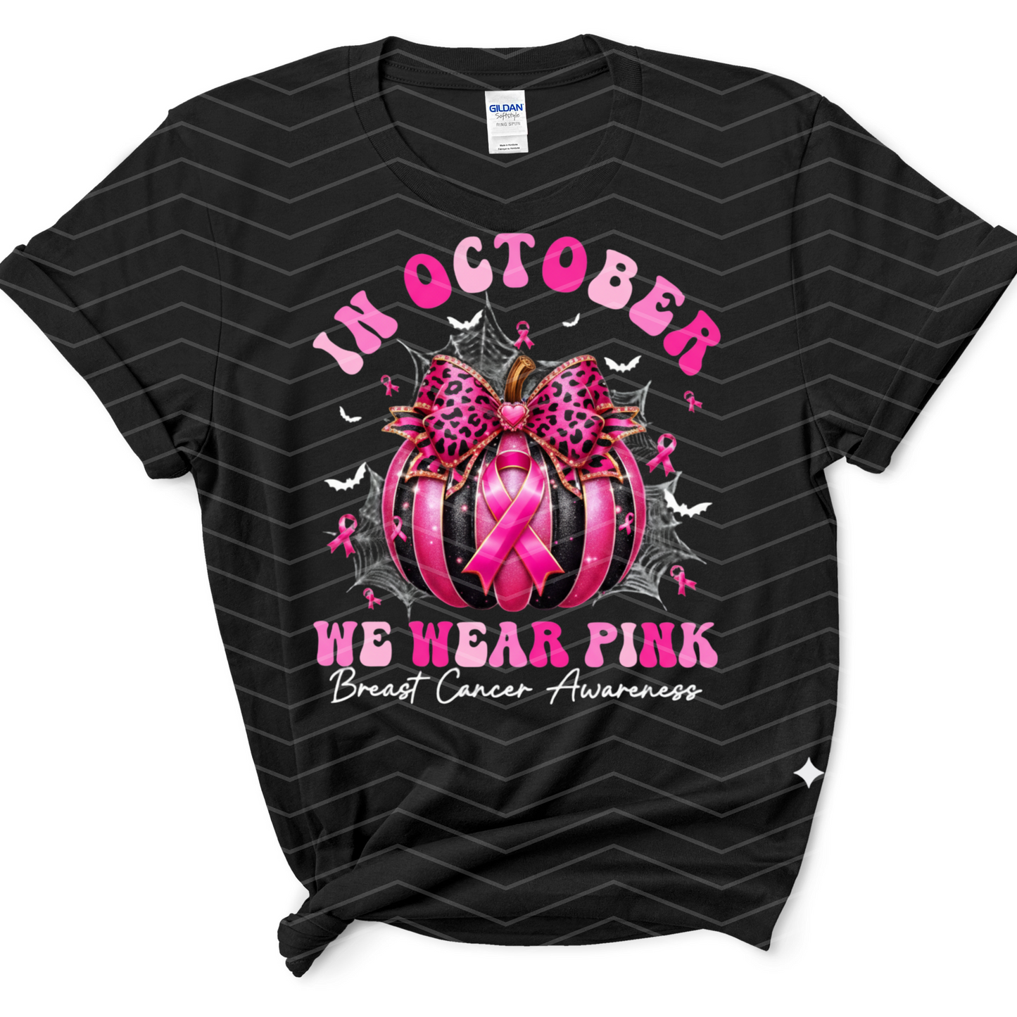 In October We Wear Pink Shirt | Breast Cancer Awareness Pumpkin Tee | Pink Ribbon Fall Graphic T-Shirt (Sβ5XL)
