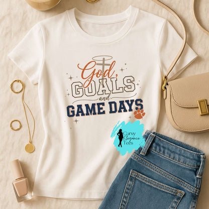 God, Goals & Game Days Auburn Tee | Faith Meets Football Graphic Shirt for Women | Plus Size Friendly