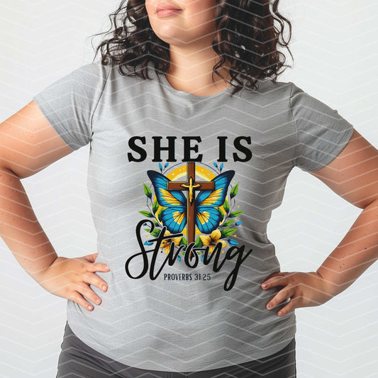 💙 She Is Strong Shirt | Proverbs 31:25 Christian T-Shirt | Faith & Butterfly Cross Tee (S–5XL)