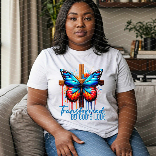 🦋 Transformed by God's Love Shirt | Christian Butterfly Cross Tee | Faith Graphic T-Shirt (S–5XL)