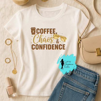 Coffee, Chaos & Confidence T-Shirt | Neutral Aesthetic Tee for Women | Black or White Shirt | Curvy Elegance Tees