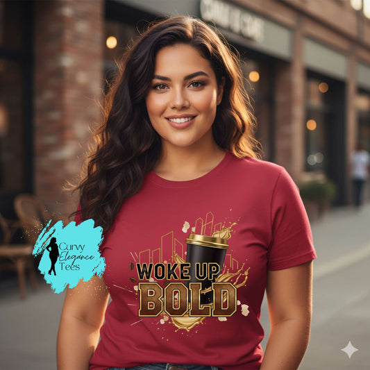 Woke Up Bold Coffee T-Shirt | Motivational Coffee Lover Tee for Women | White, Beige, Yellow & Red | Curvy Elegance Tees