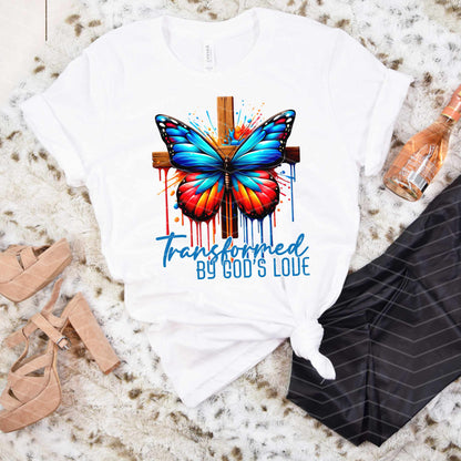 🦋 Transformed by God's Love Shirt | Christian Butterfly Cross Tee | Faith Graphic T-Shirt (S–5XL)