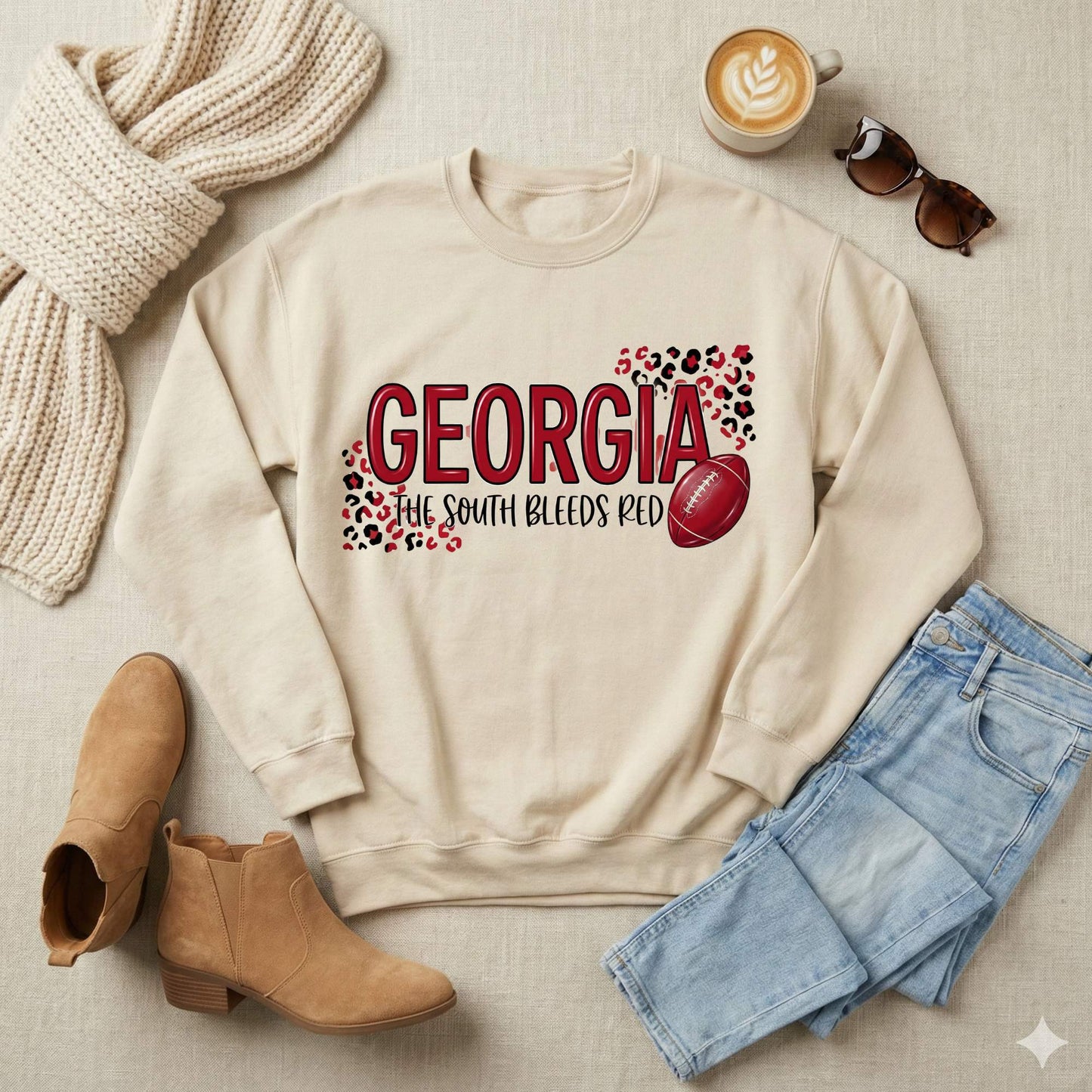 Georgia “The South Bleeds Red” Sweatshirt — Leopard Football Game Day Crewneck (S–5XL)