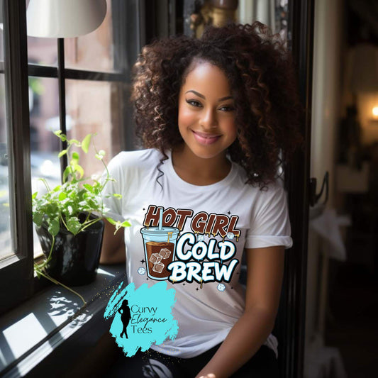 Hot Girl Cold Brew T-Shirt | Funny Coffee Tee for Women | Red, White, Gray & Edge Shirt | Curvy Elegance Tees