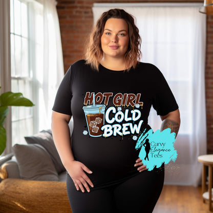 Hot Girl Cold Brew T-Shirt | Funny Coffee Tee for Women | Red, White, Gray & Edge Shirt | Curvy Elegance Tees