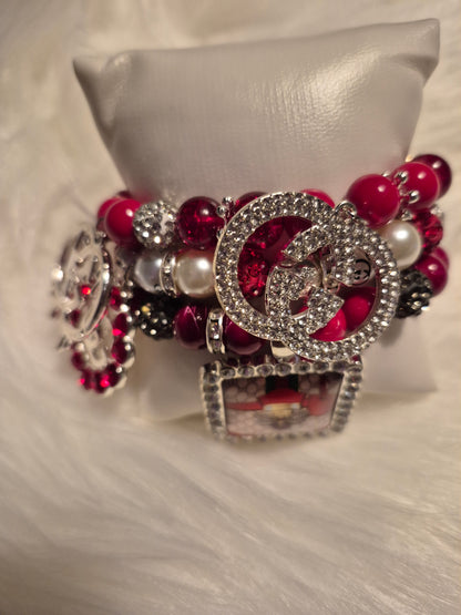 Alabama Crimson Luxe Charm Bracelet Stack – Red, Silver & Pearl Bling
