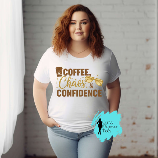 Coffee, Chaos & Confidence T-Shirt | Neutral Aesthetic Tee for Women | Black or White Shirt | Curvy Elegance Tees
