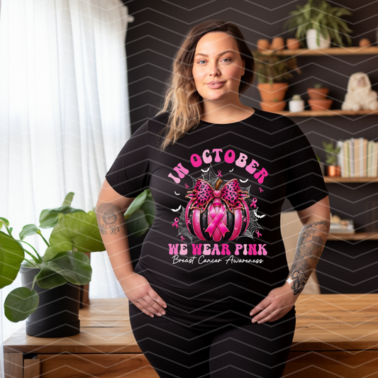 In October We Wear Pink Shirt | Breast Cancer Awareness Pumpkin Tee | Pink Ribbon Fall Graphic T-Shirt (S–5XL)